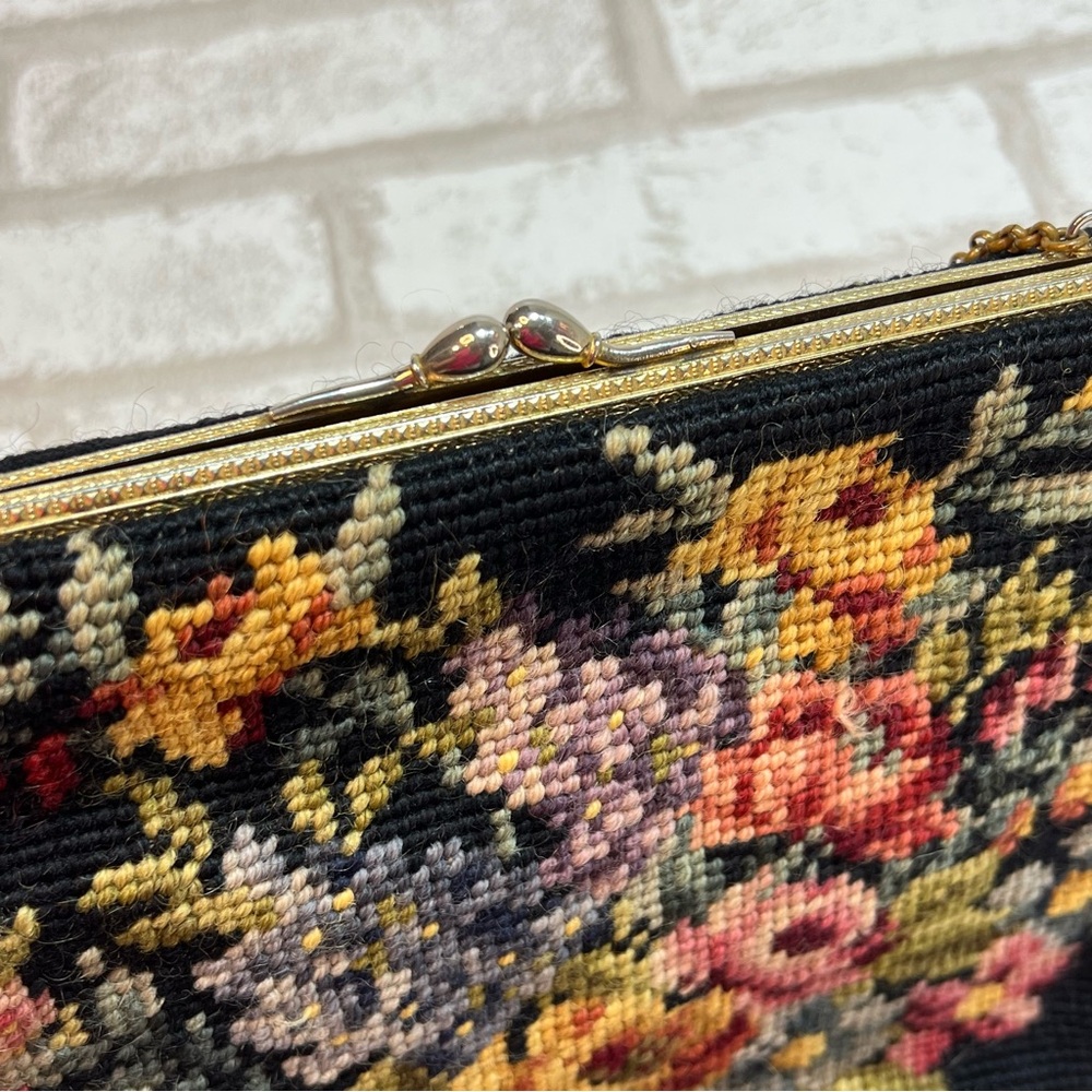 Vintage Tapestry Purse Handbag Black Floral Chain Handle Coin Purse - Picture 3 of 12